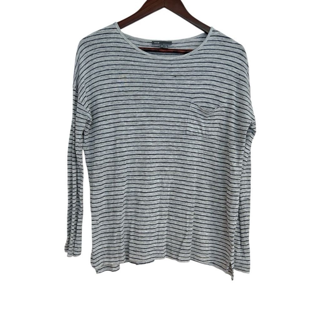 Vince Gray and Navy‎ Striped Linen Lightweight Long Sleeve Top, Size XS